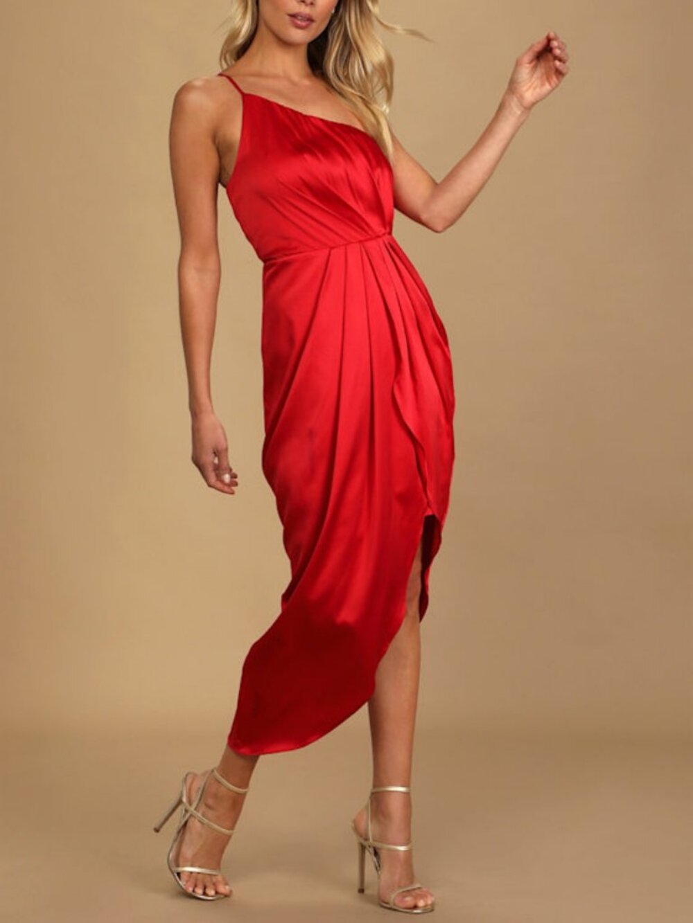 Red Satin One-shoulder Asymmetrical Midi Dress